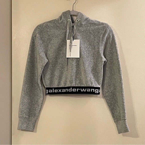 ALEXANDER WANG Stretch Corduroy Cropped Long Sleeve Hoodie in Heather Gray - Picture 7 of 10